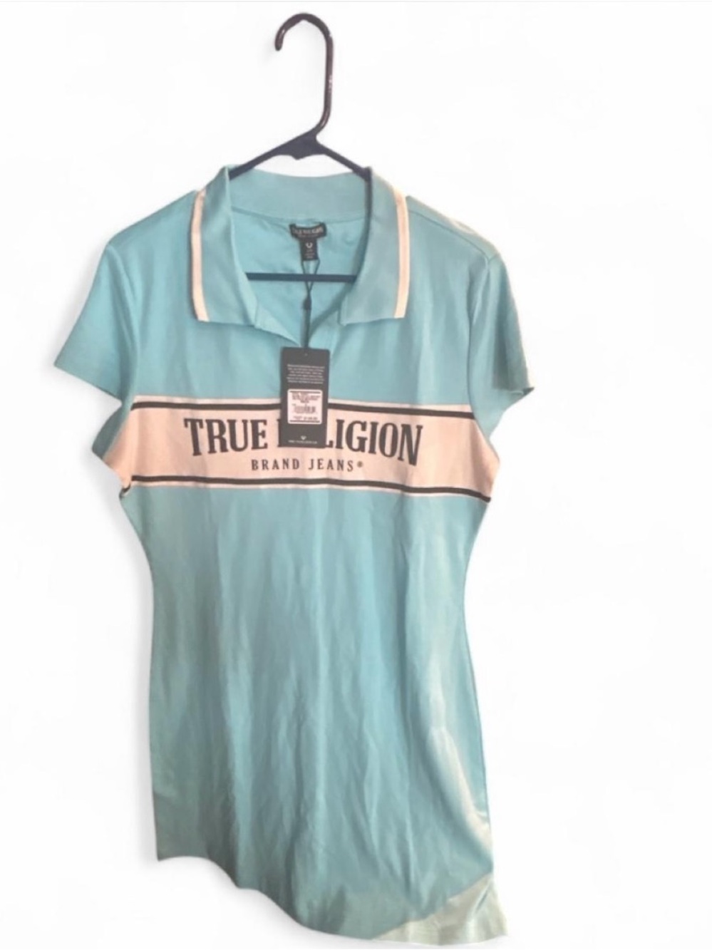 True Religion Aqua Polo Dress with Cream Chest Stripe